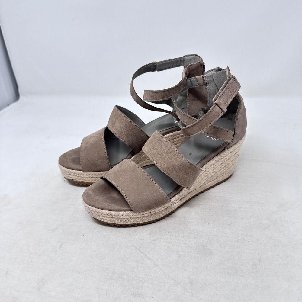 Eileen Fisher Espadrille Wedge Sandals Taupe 5.5 Strappy Platform Coastal